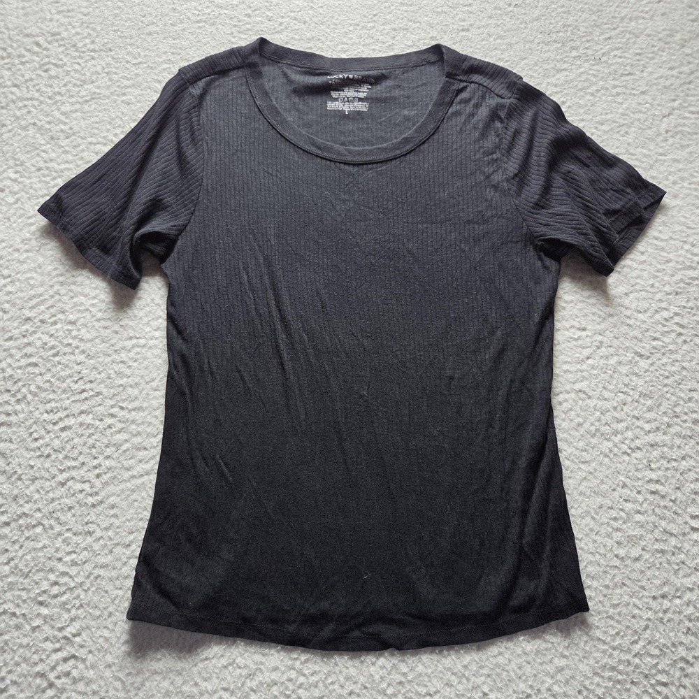 Lucky Brand Shirt Womens L Black Crew Neck Short Sleeve Solid Ribbed Jersey Top